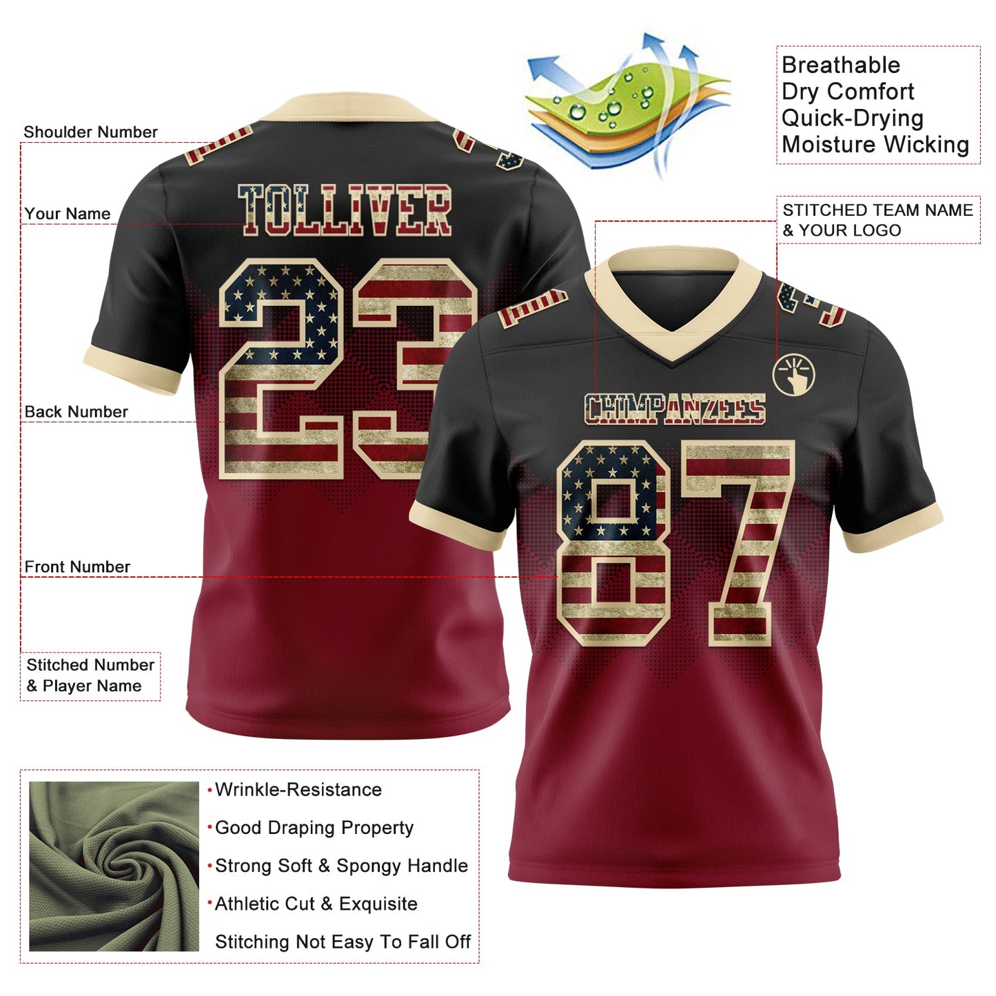 Custom Black Vintage USA Flag Crimson-Cream Authentic Gradient Square Shape 7V7 Flag Football Jersey