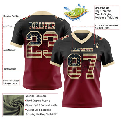 Custom Black Vintage USA Flag Crimson-Cream Authentic Gradient Square Shape 7V7 Flag Football Jersey