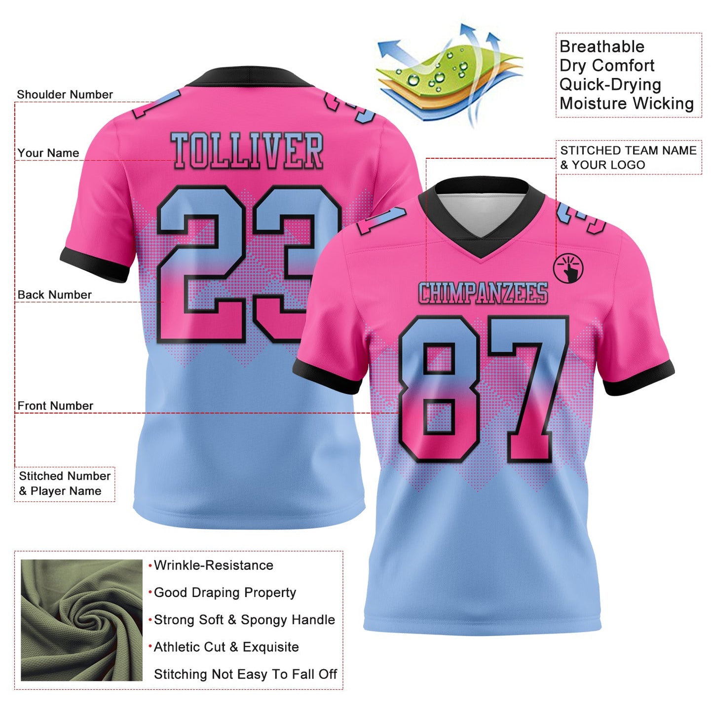 Custom Pink Light Blue-Black Authentic Gradient Square Shape 7V7 Flag Football Jersey