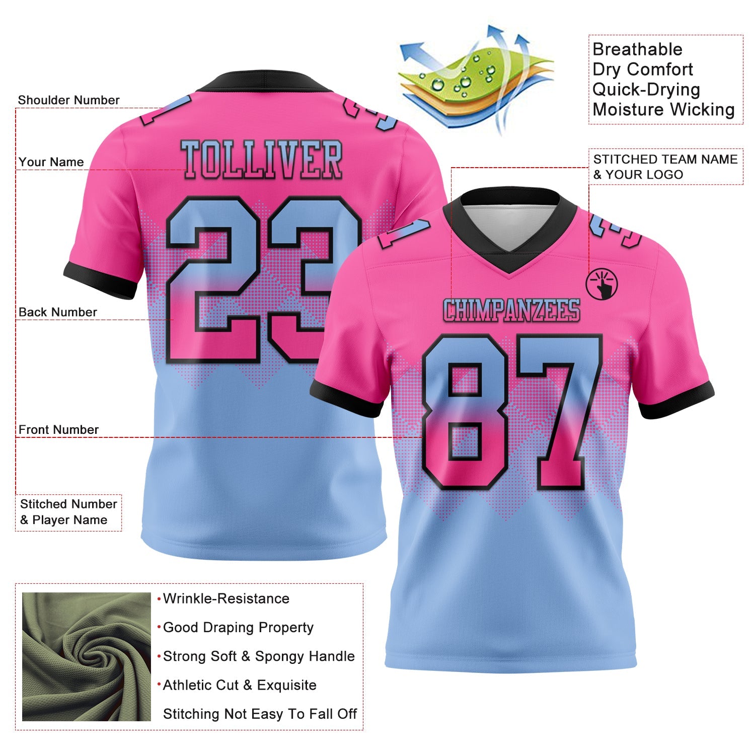 Custom Pink Light Blue-Black Authentic Gradient Square Shape 7V7 Flag Football Jersey