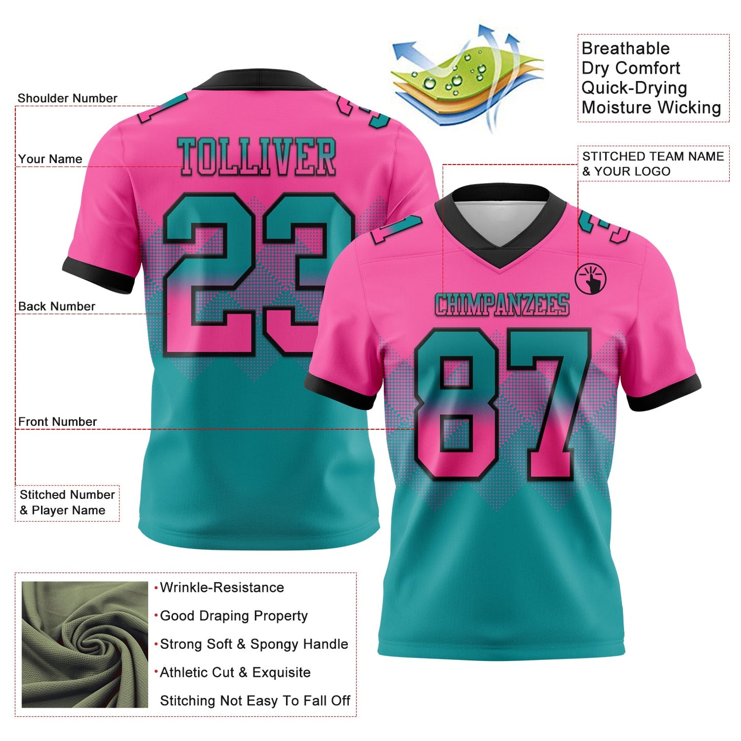 Custom Pink Teal-Black Authentic Gradient Square Shape 7V7 Flag Football Jersey