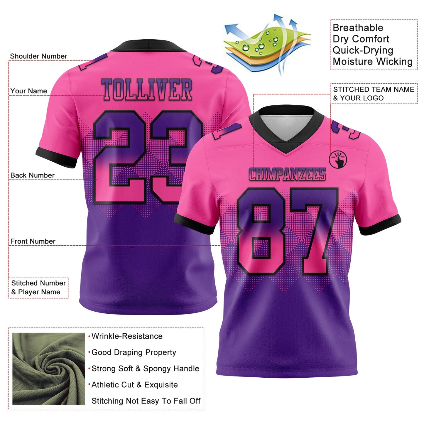 Custom Pink Purple-Black Authentic Gradient Square Shape 7V7 Flag Football Jersey