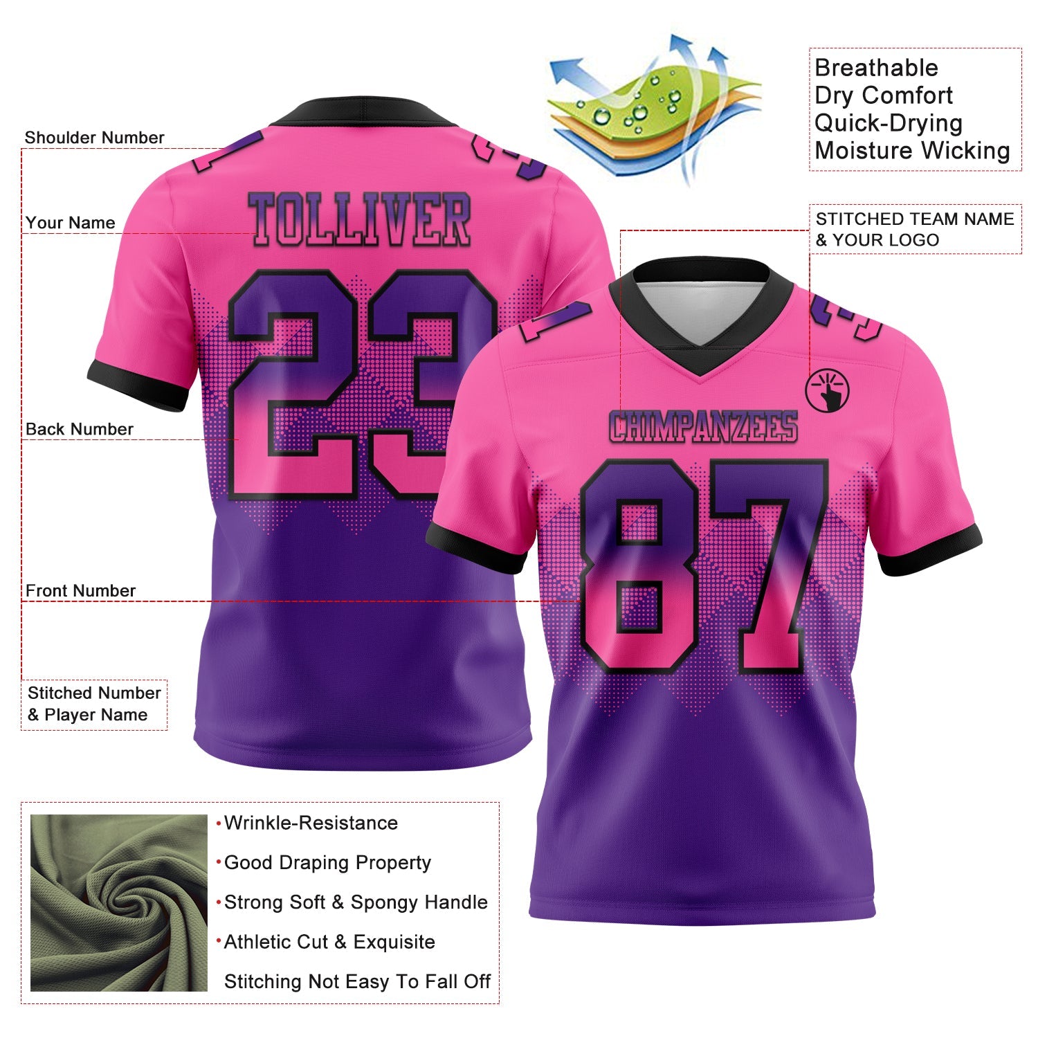 Custom Pink Purple-Black Authentic Gradient Square Shape 7V7 Flag Football Jersey