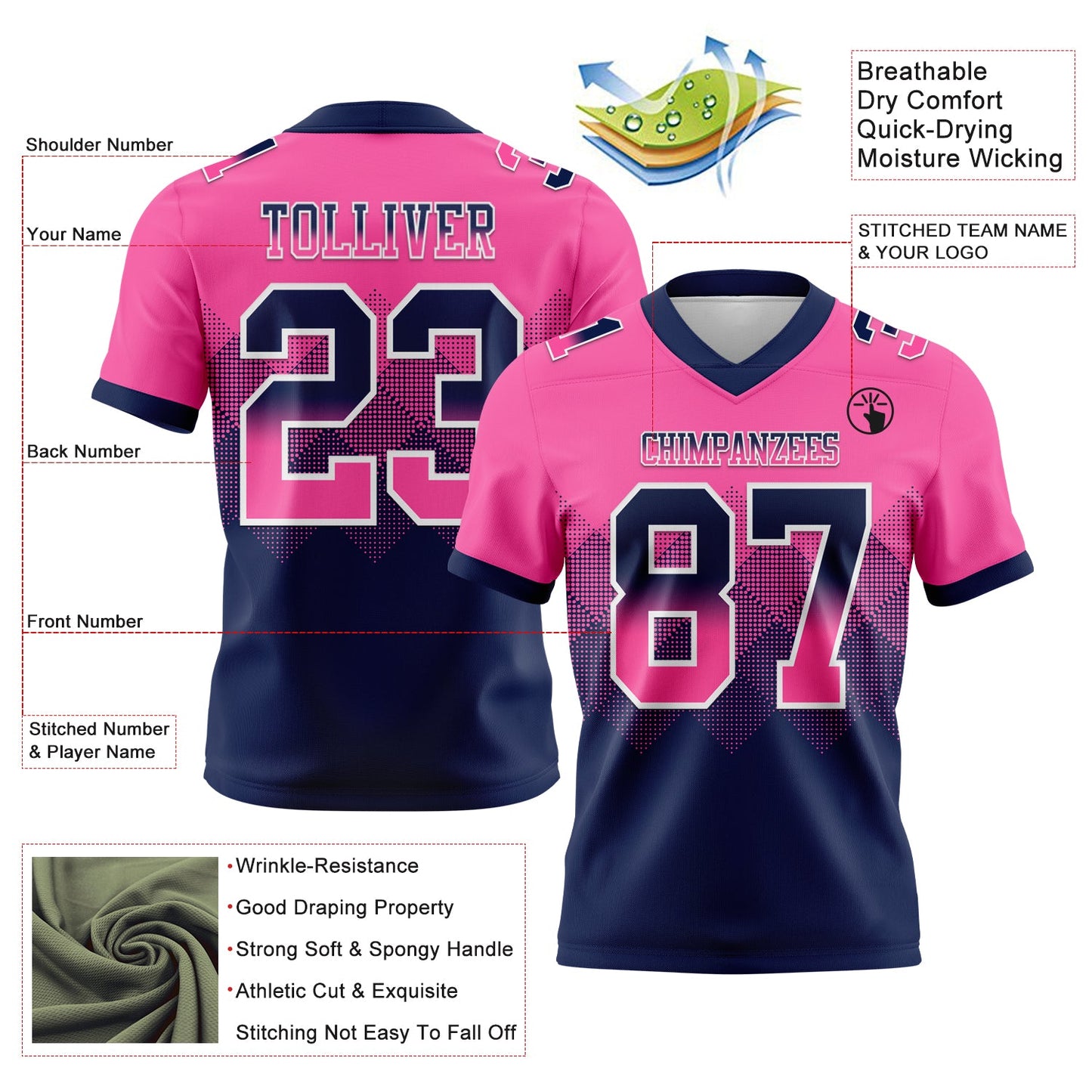 Custom Pink Navy-White Authentic Gradient Square Shape 7V7 Flag Football Jersey