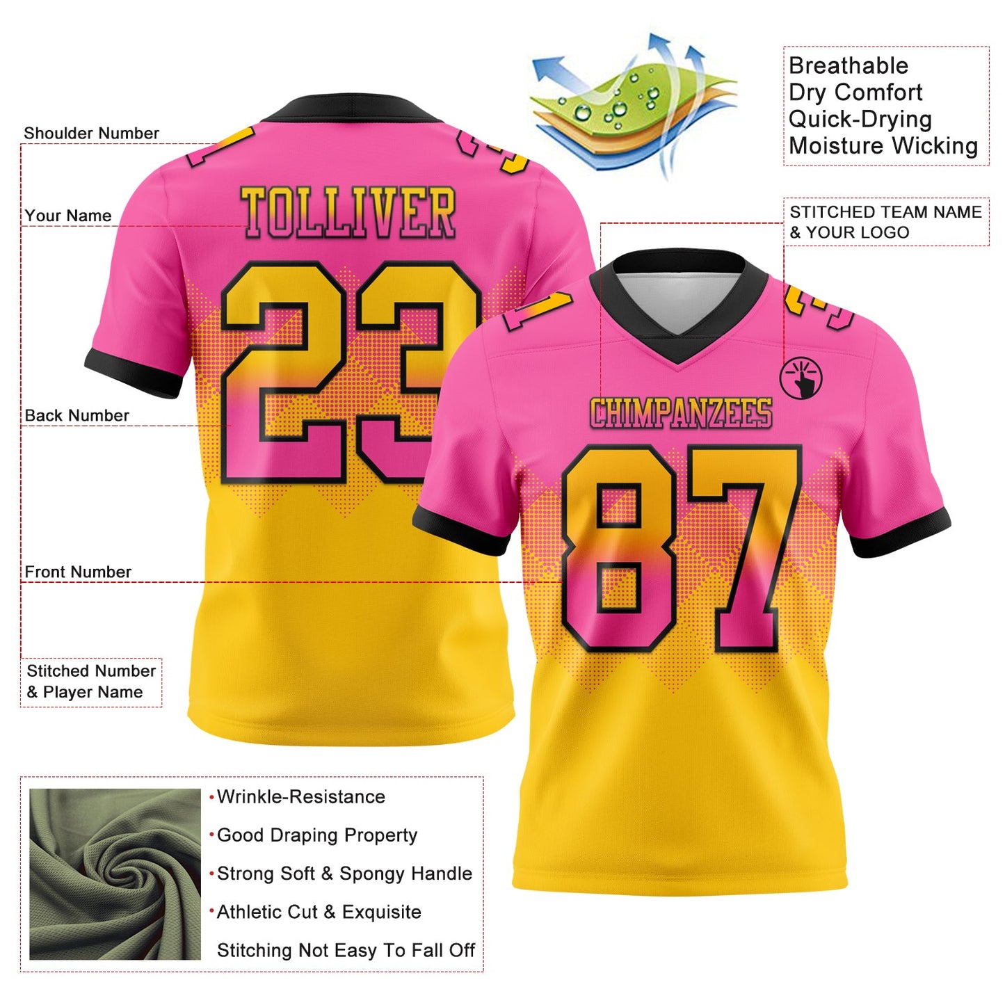 Custom Pink Yellow-Black Authentic Gradient Square Shape 7V7 Flag Football Jersey