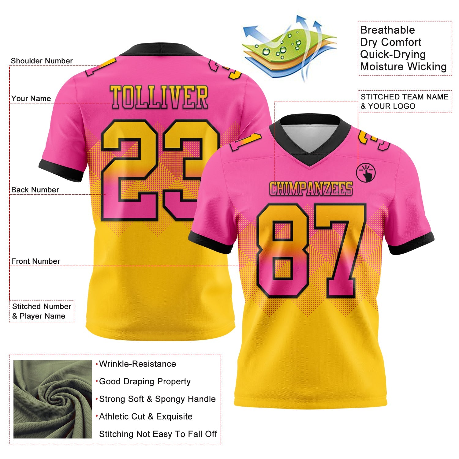 Custom Pink Yellow-Black Authentic Gradient Square Shape 7V7 Flag Football Jersey