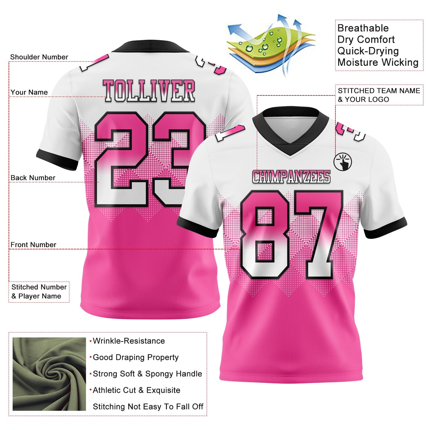 Custom White Pink-Black Authentic Gradient Square Shape 7V7 Flag Football Jersey