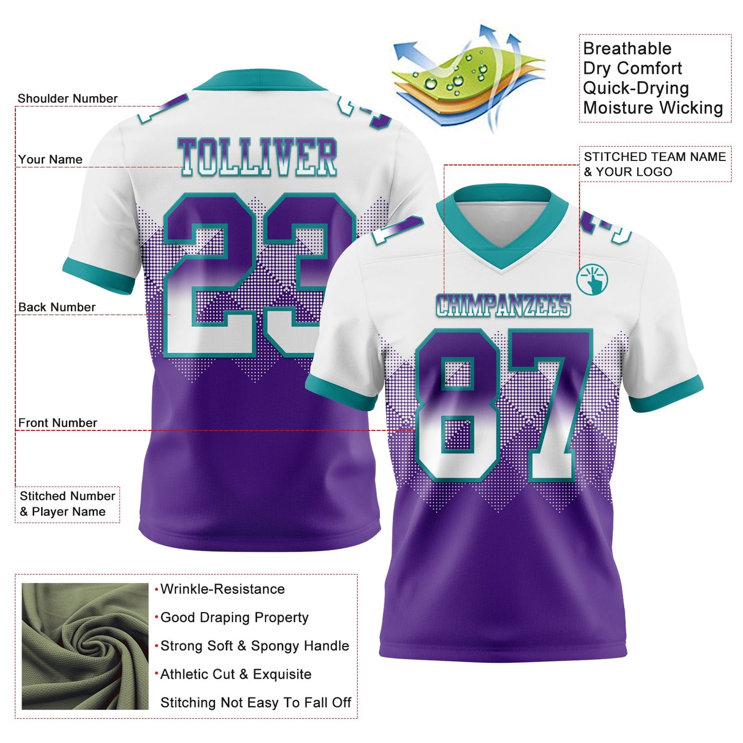 Custom White Purple-Teal Authentic Gradient Square Shape 7V7 Flag Football Jersey