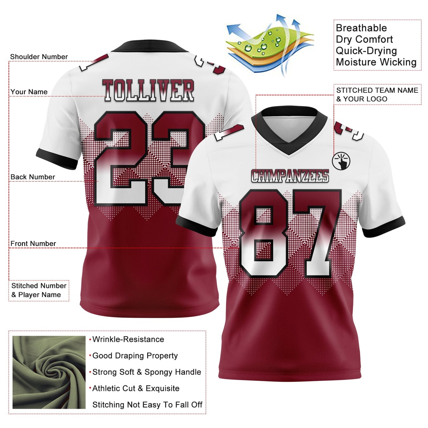 Custom White Crimson-Black Authentic Gradient Square Shape 7V7 Flag Football Jersey