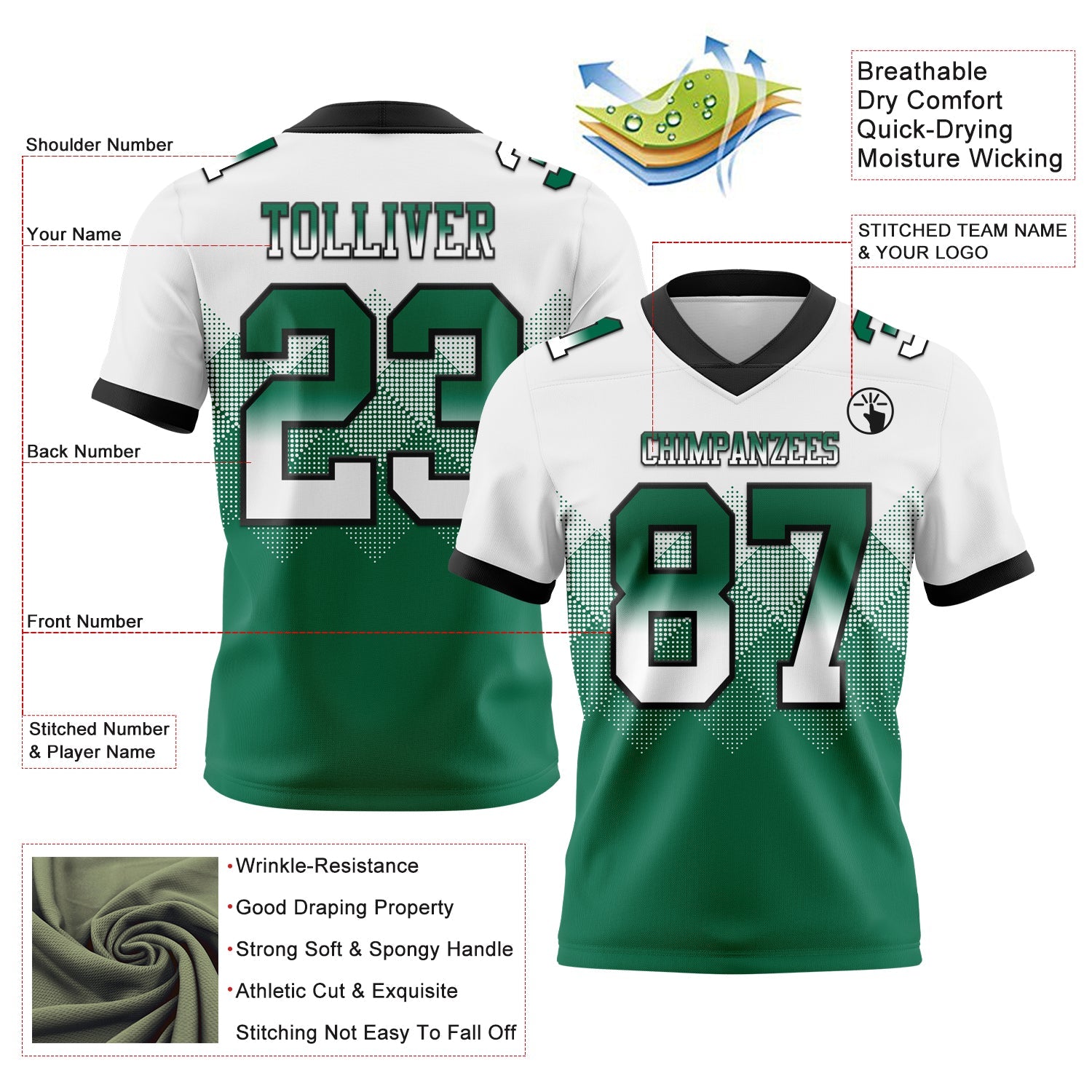 Custom White Kelly Green-Black Authentic Gradient Square Shape 7V7 Flag Football Jersey