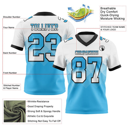 Custom White Sky Blue-Black Authentic Gradient Square Shape 7V7 Flag Football Jersey