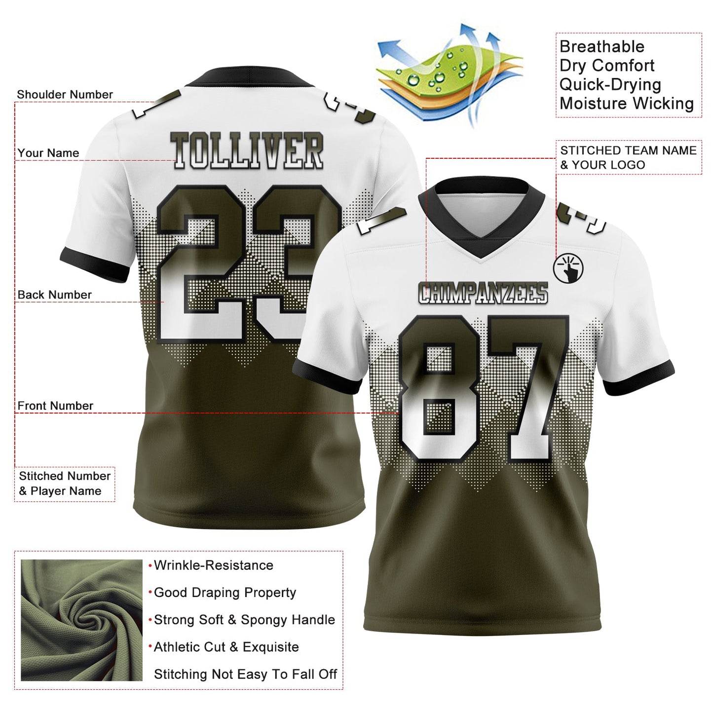 Custom White Olive-Black Authentic Gradient Square Shape 7V7 Flag Football Jersey