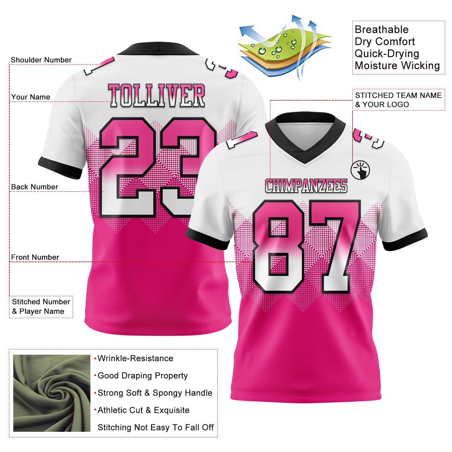 Custom White Hot Pink-Black Authentic Gradient Square Shape 7V7 Flag Football Jersey