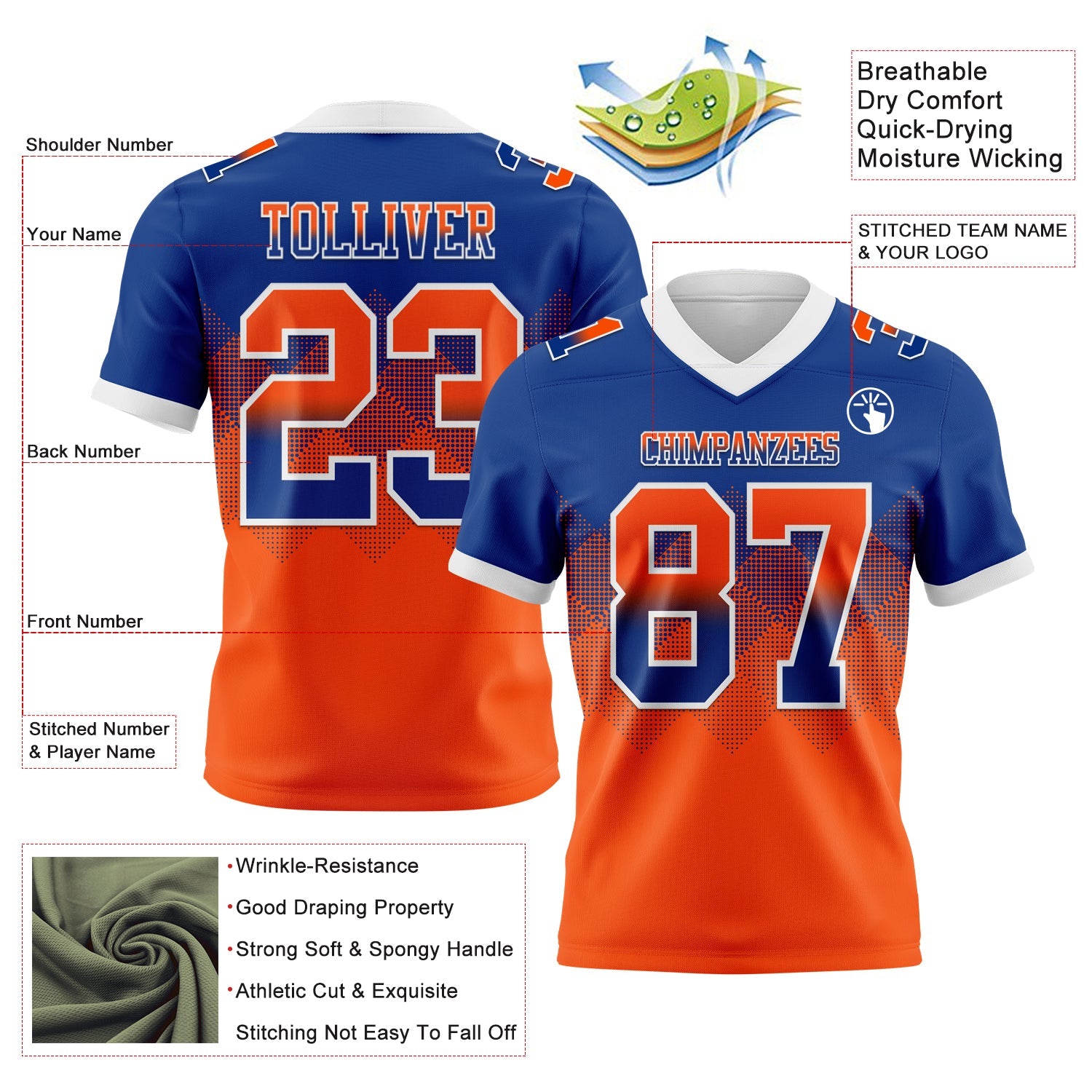 Custom Royal Orange-White Authentic Gradient Square Shape 7V7 Flag Football Jersey