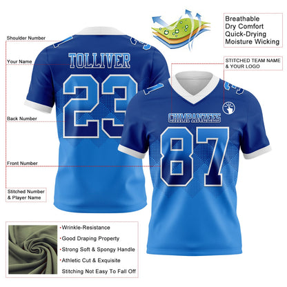 Custom Royal Powder Blue-White Authentic Gradient Square Shape 7V7 Flag Football Jersey