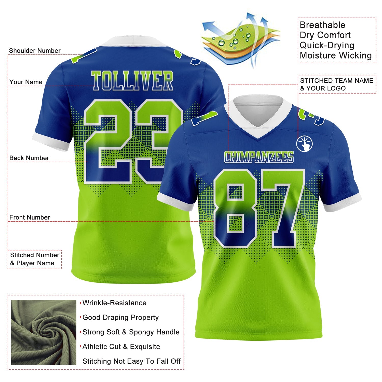 Custom Royal Neon Green-White Authentic Gradient Square Shape  7V7 Flag Football Jersey