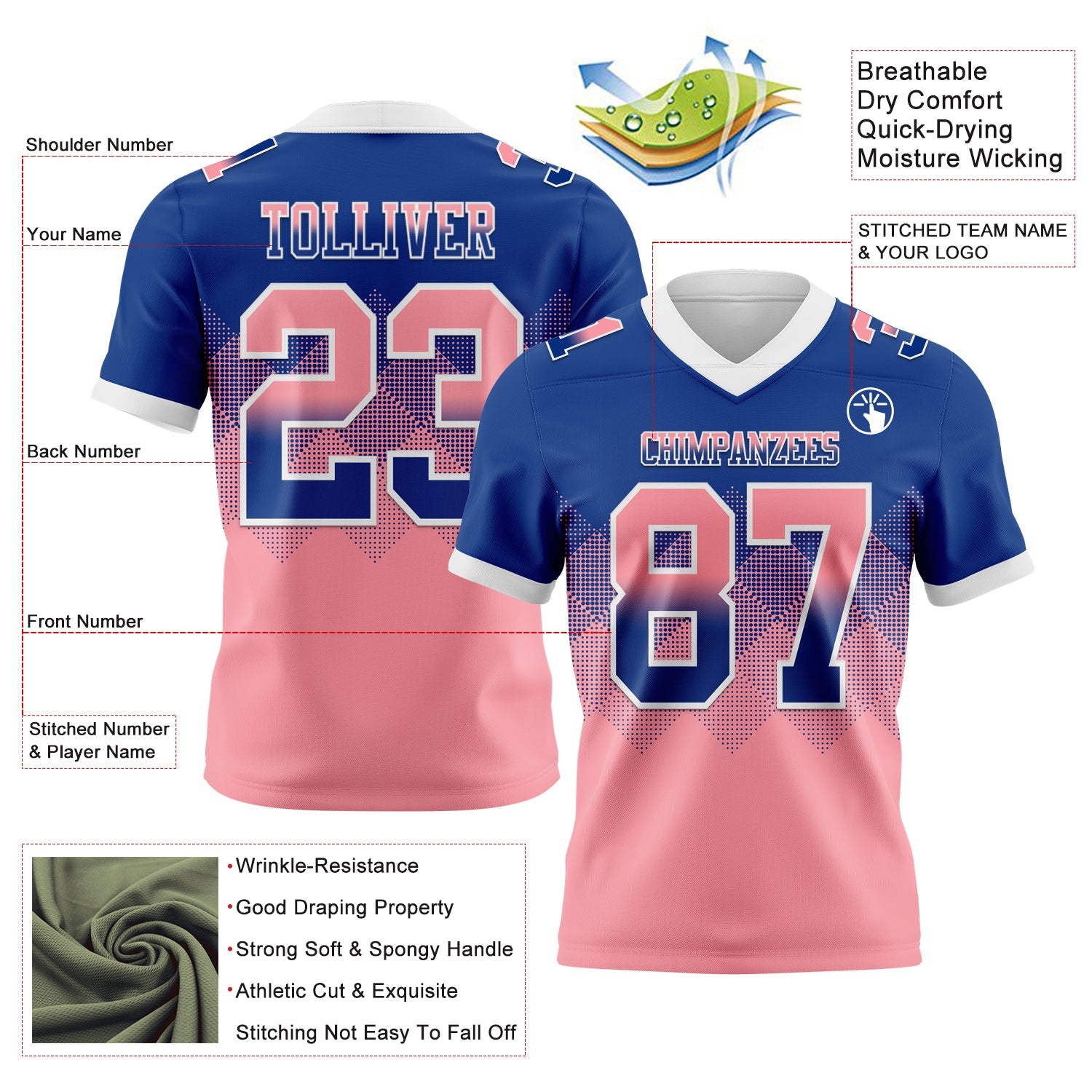 Custom Royal Medium Pink-White Authentic Gradient Square Shape 7V7 Flag Football Jersey