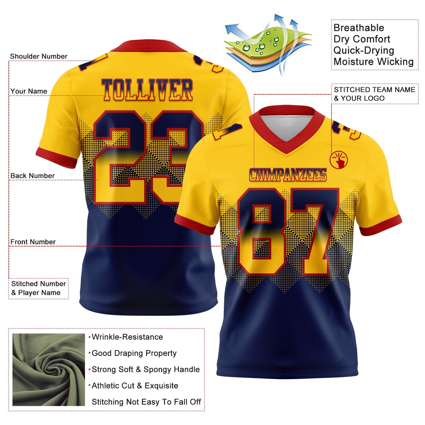 Custom Yellow Navy-Red Authentic Gradient Square Shape 7V7 Flag Football Jersey
