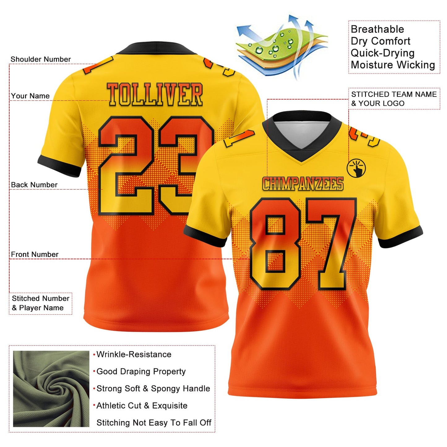 Custom Yellow Orange-Black Authentic Gradient Square Shape 7V7 Flag Football Jersey