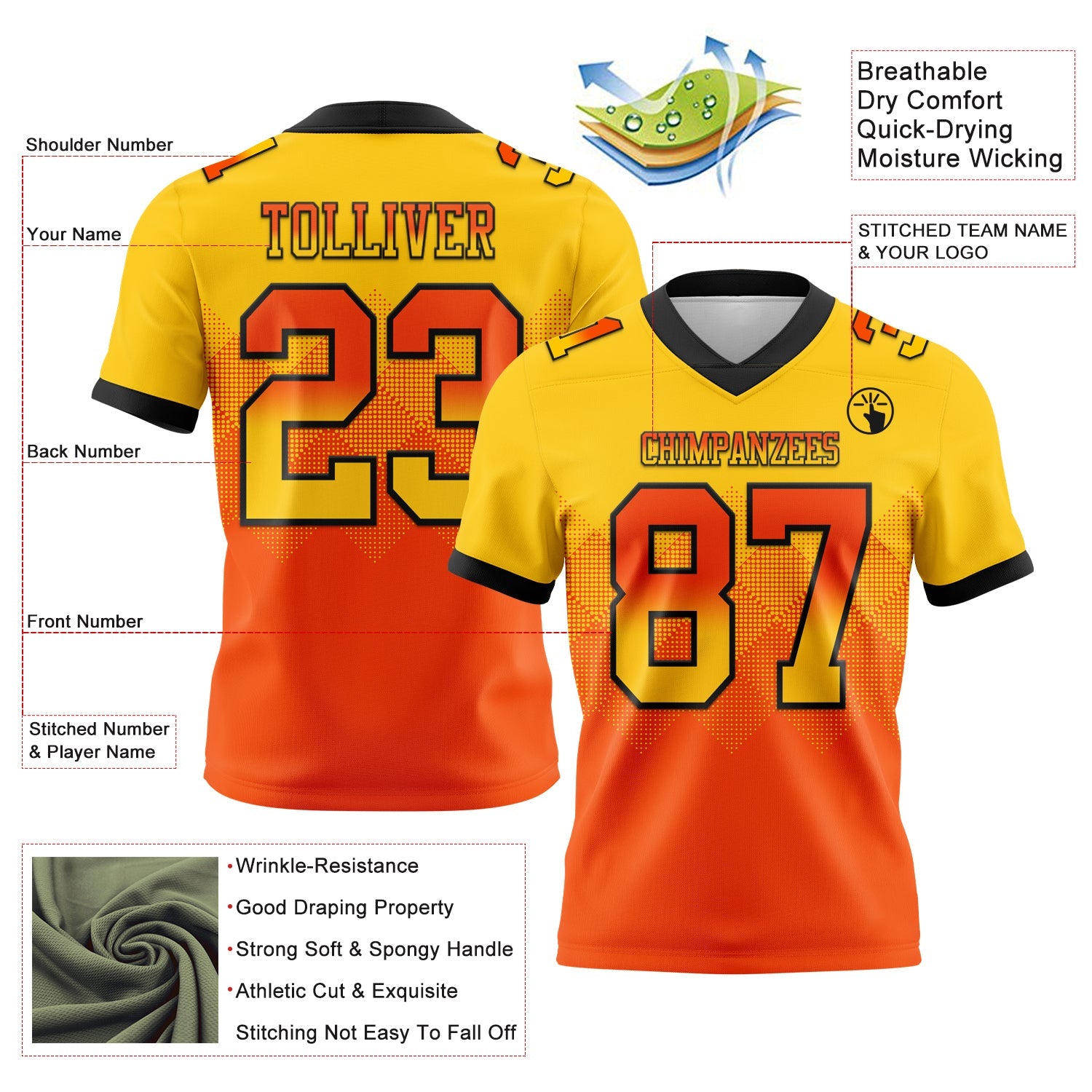 Custom Yellow Orange-Black Authentic Gradient Square Shape 7V7 Flag Football Jersey