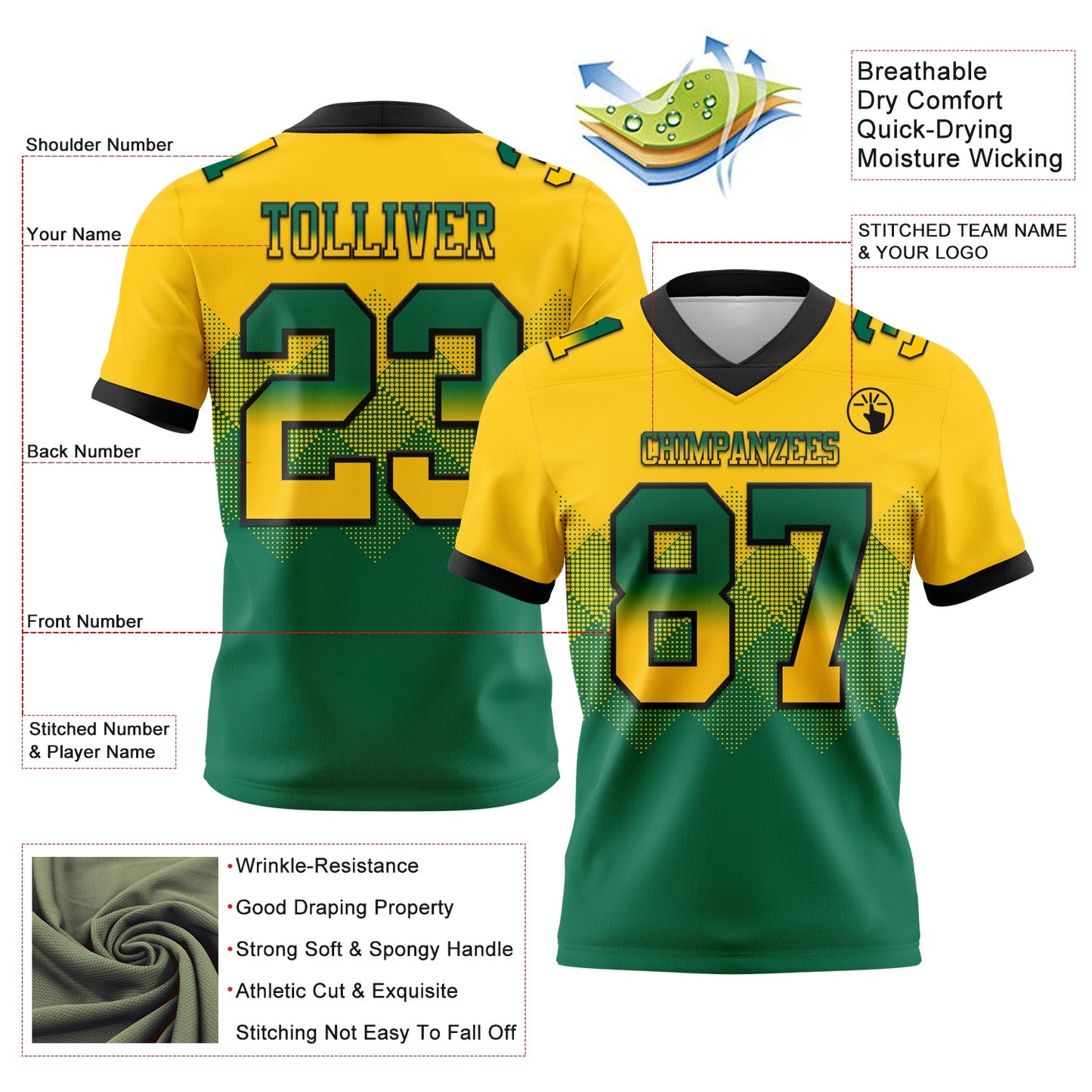 Custom Yellow Kelly Green-Black Authentic Gradient Square Shape 7V7 Flag Football Jersey