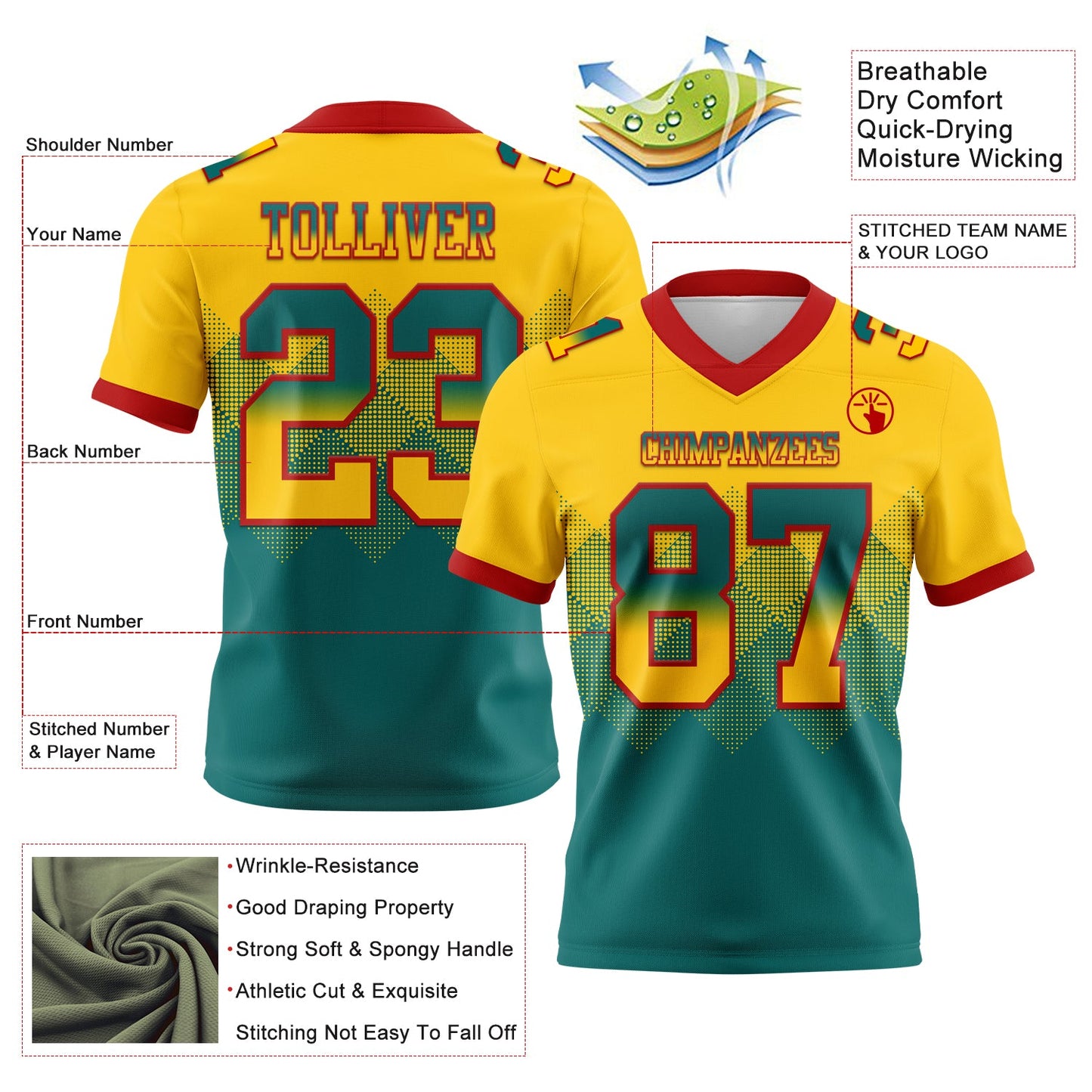 Custom Yellow Teal-Red Authentic Gradient Square Shape 7V7 Flag Football Jersey