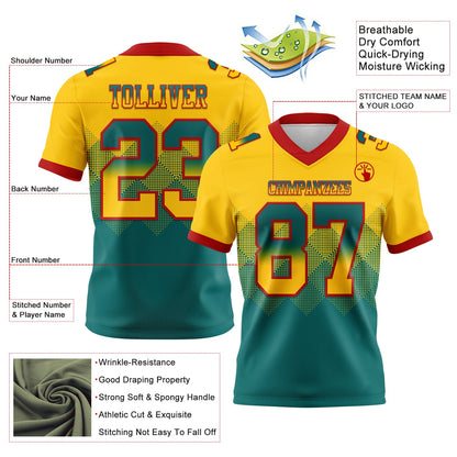 Custom Yellow Teal-Red Authentic Gradient Square Shape 7V7 Flag Football Jersey