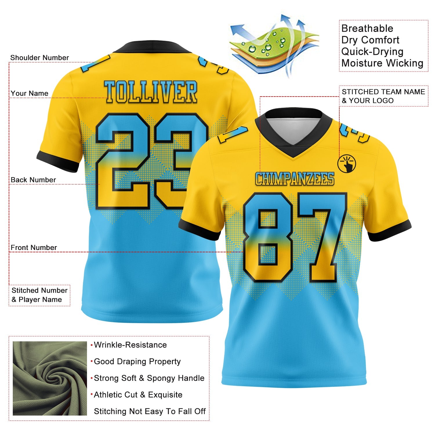 Custom Yellow Sky Blue-Black Authentic Gradient Square Shape 7V7 Flag Football Jersey