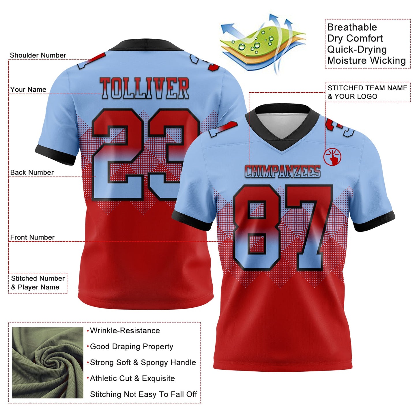 Custom Light Blue Red-Black Authentic Gradient Square Shape 7V7 Flag Football Jersey