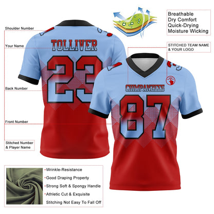 Custom Light Blue Red-Black Authentic Gradient Square Shape 7V7 Flag Football Jersey