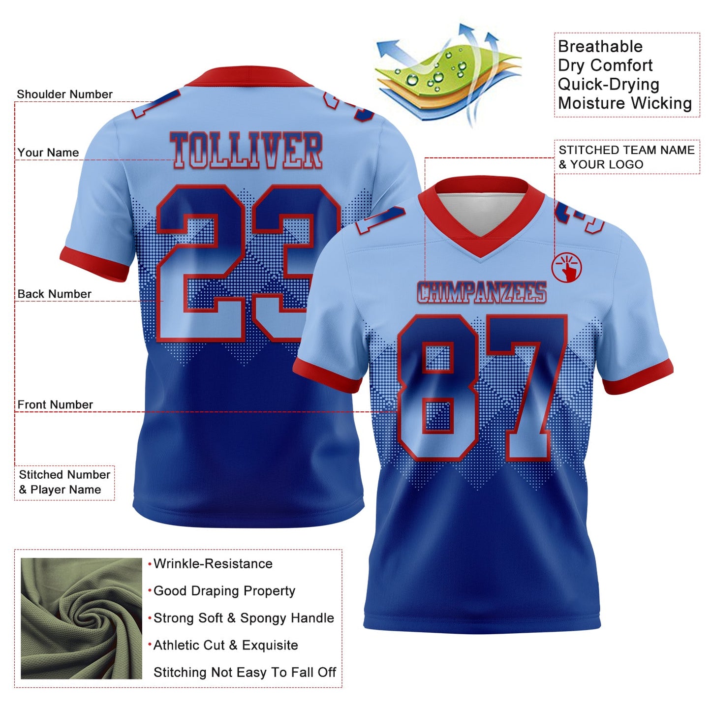 Custom Light Blue Royal-Red Authentic Gradient Square Shape 7V7 Flag Football Jersey