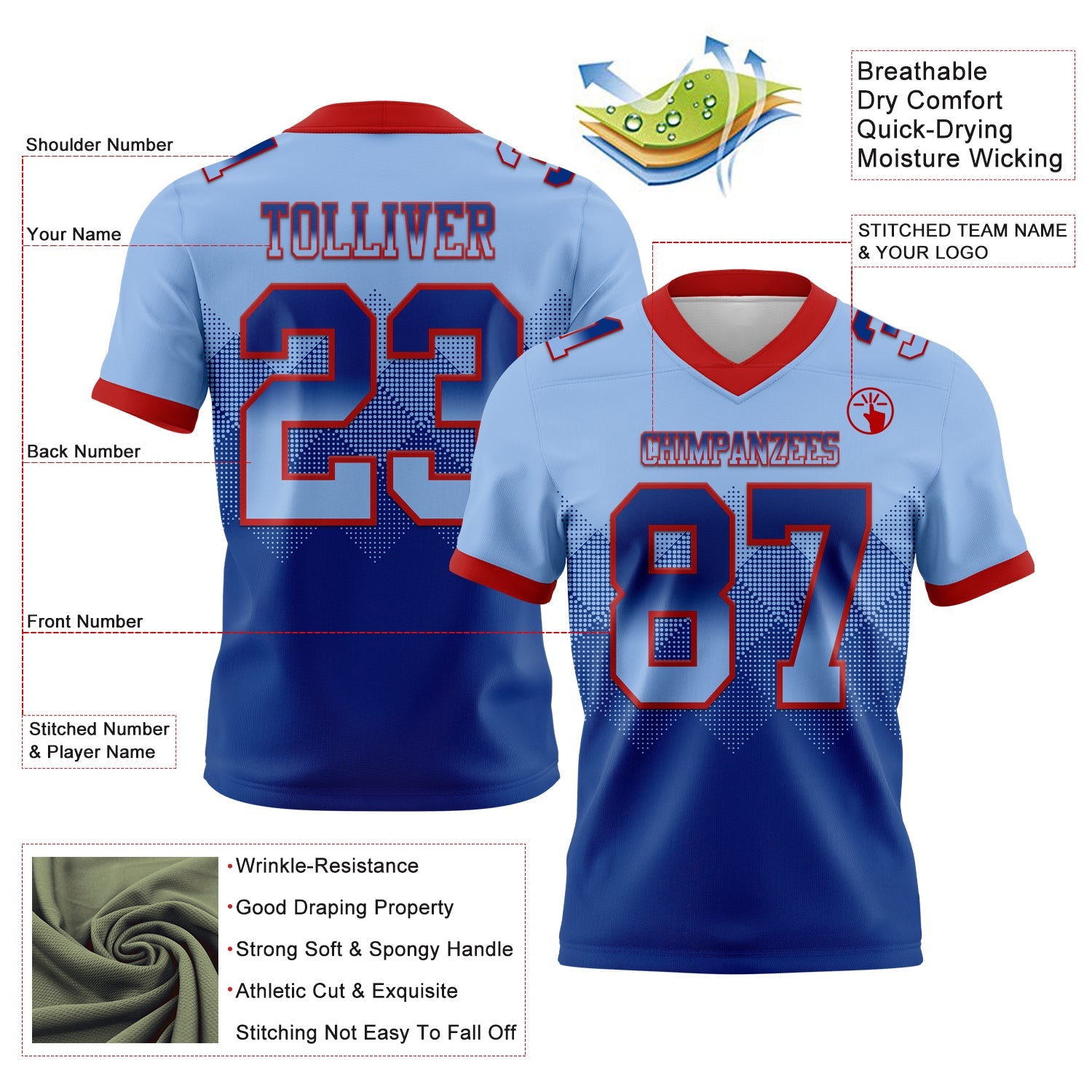 Custom Light Blue Royal-Red Authentic Gradient Square Shape 7V7 Flag Football Jersey