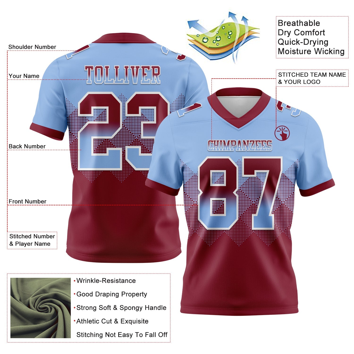 Custom Light Blue Crimson-White Authentic Gradient Square Shape 7V7 Flag Football Jersey
