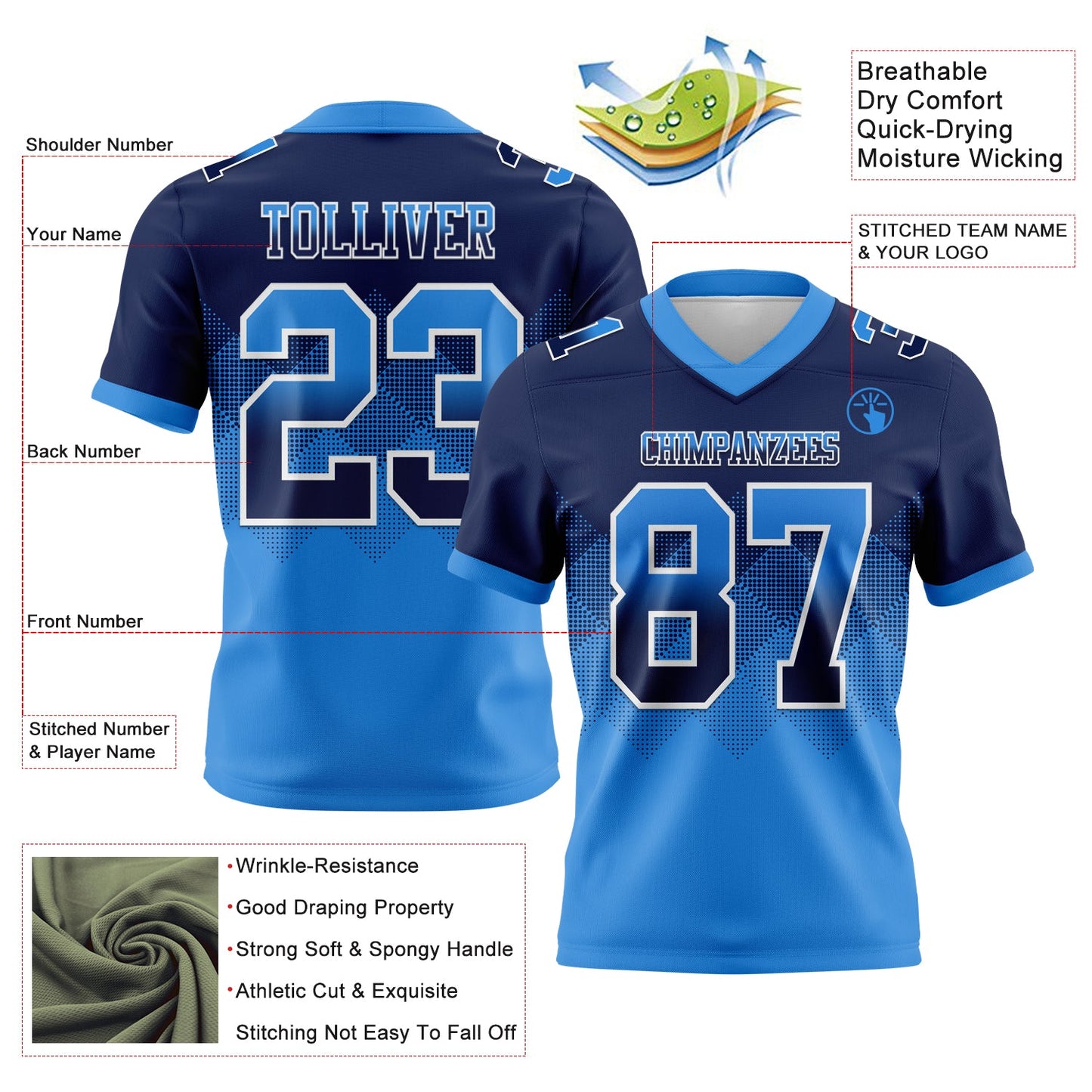 Custom Navy Powder Blue-White Authentic Gradient Square Shape 7V7 Flag Football Jersey
