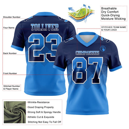 Custom Navy Powder Blue-White Authentic Gradient Square Shape 7V7 Flag Football Jersey