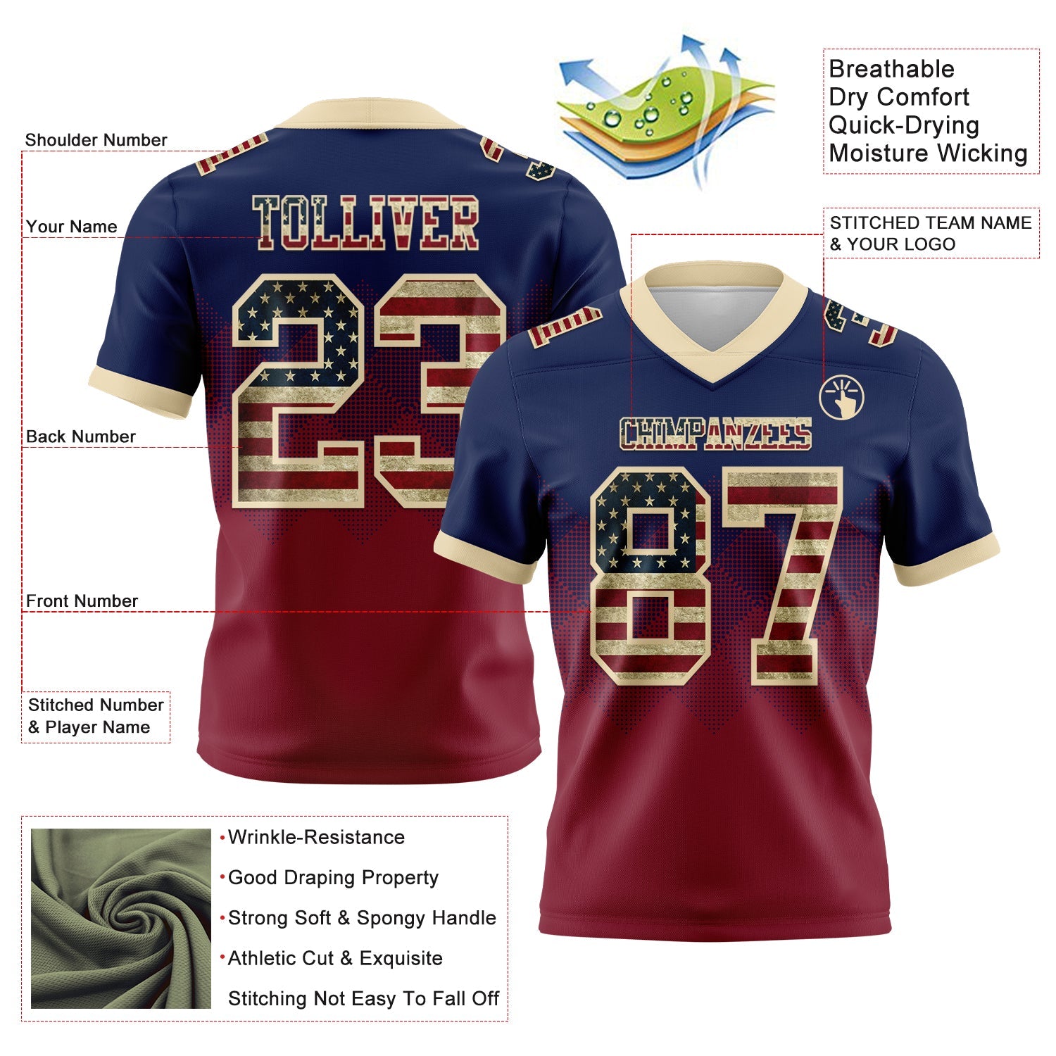 Custom Navy Vintage USA Flag Crimson-Cream Authentic Gradient Square Shape 7V7 Flag Football Jersey
