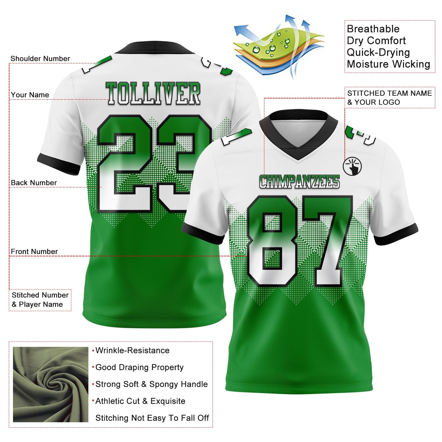 Custom White Grass Green-Black Authentic Gradient Square Shape 7V7 Flag Football Jersey