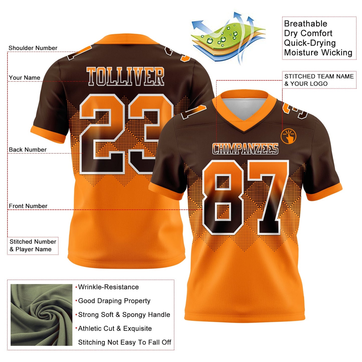 Custom Brown Orange-White Authentic Gradient Square Shape 7V7 Flag Football Jersey