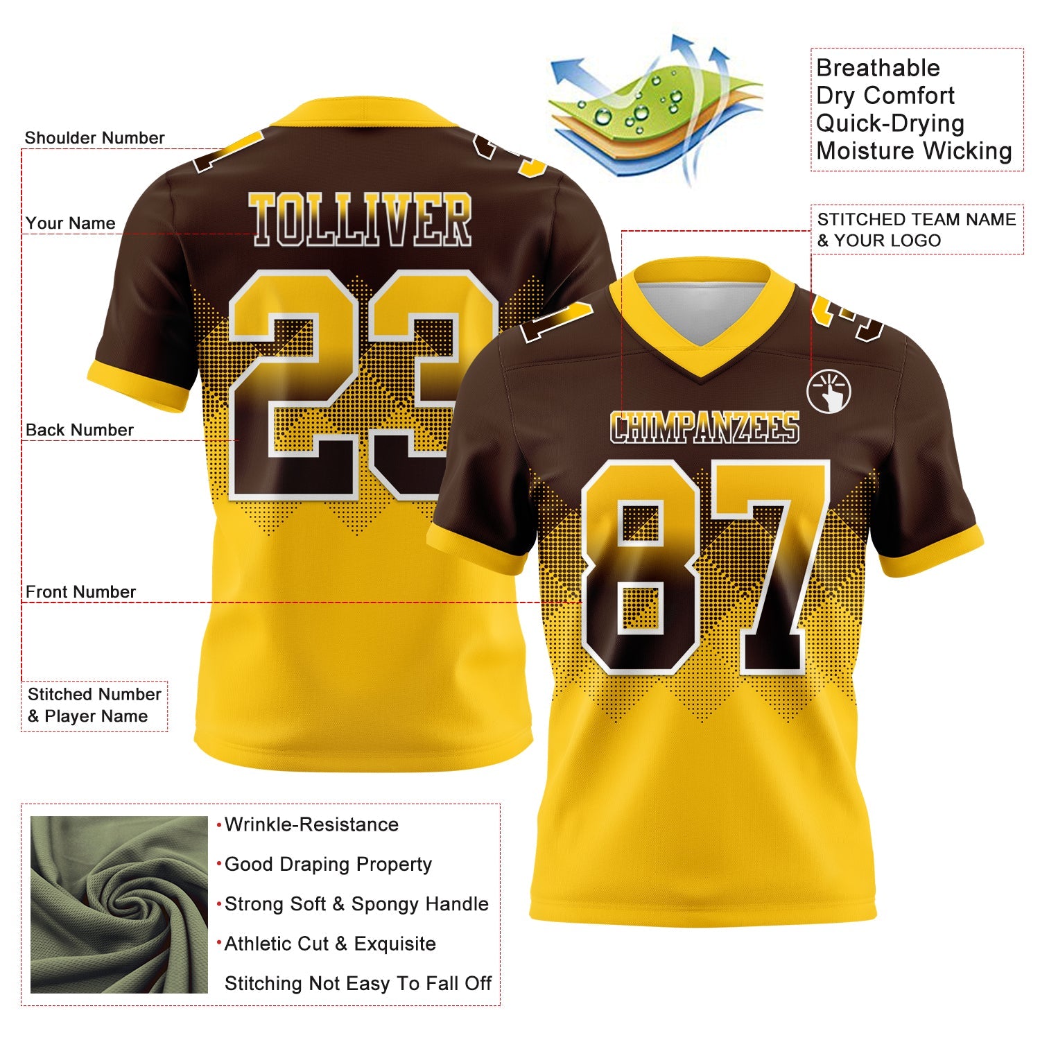 Custom Brown Yellow-White Authentic Gradient Square Shape 7V7 Flag Football Jersey