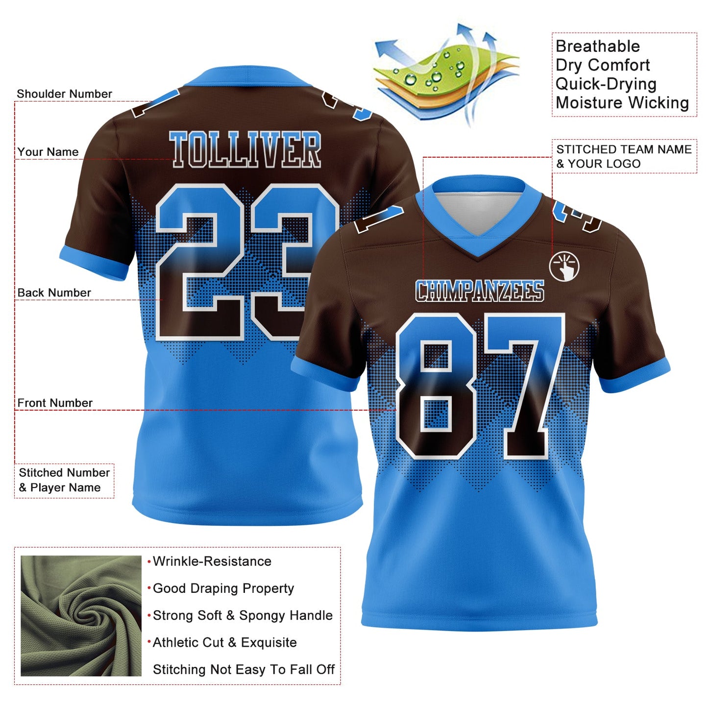 Custom Brown Powder Blue-White Authentic Gradient Square Shape 7V7 Flag Football Jersey