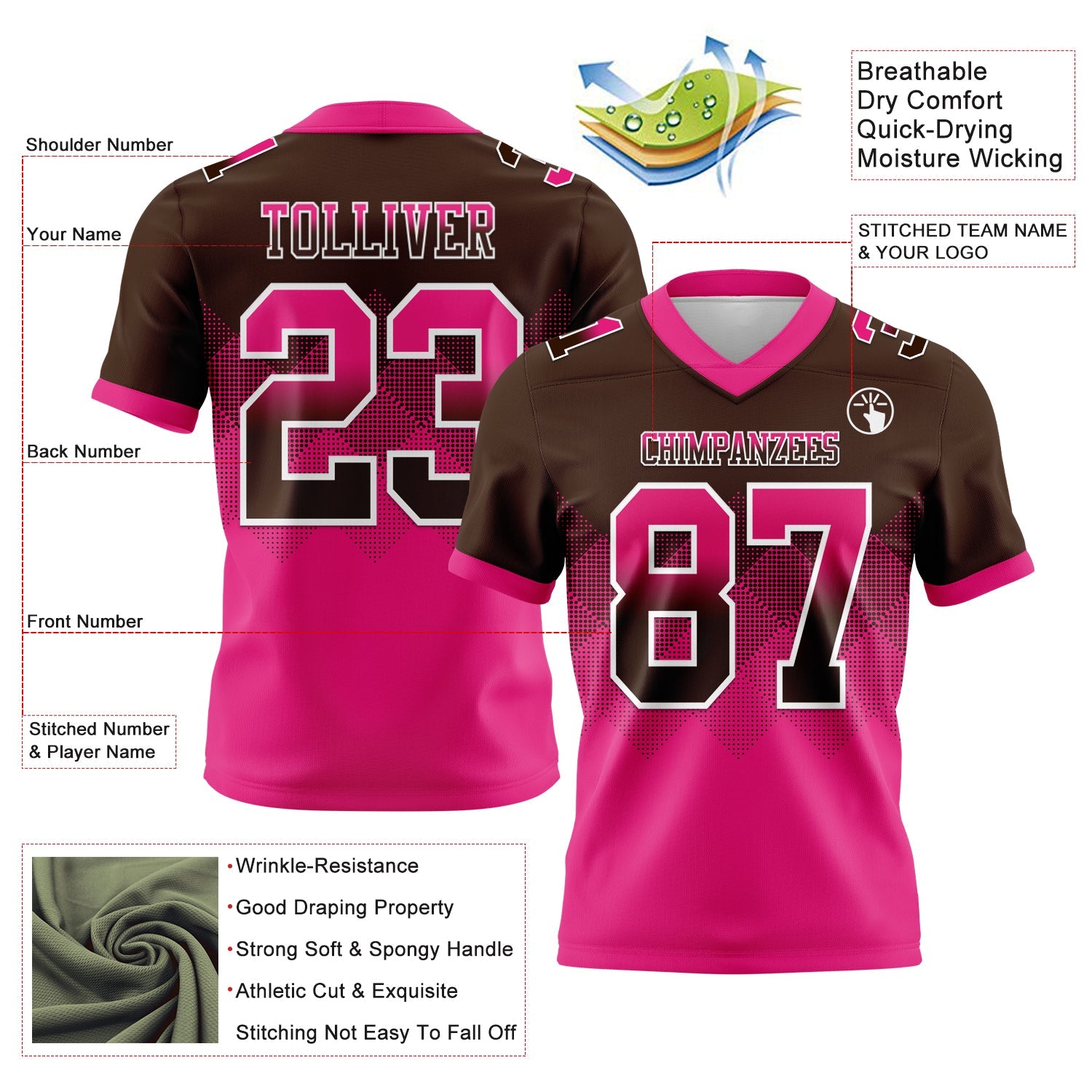 Custom Brown Hot Pink-White Authentic Gradient Square Shape 7V7 Flag Football Jersey