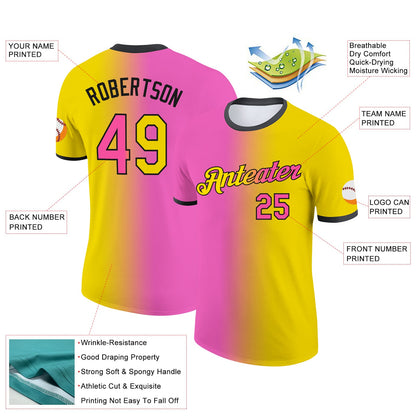 Custom Yellow Pink-Black Gradient Fashion Performance T-Shirt