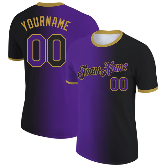 Custom Black Purple-Old Gold Gradient Fashion Performance T-Shirt