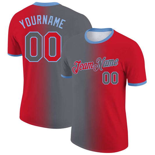 Custom Red Steel Gray-Light Blue Gradient Fashion Performance T-Shirt