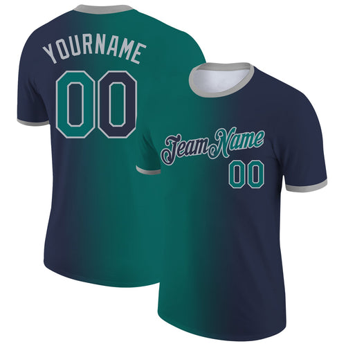 Custom Navy Teal-Gray Gradient Fashion Performance T-Shirt