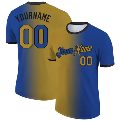 Custom Royal Old Gold-Black Gradient Fashion Performance T-Shirt