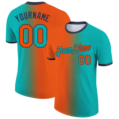 Custom Aqua Orange-Navy Gradient Fashion Performance T-Shirt