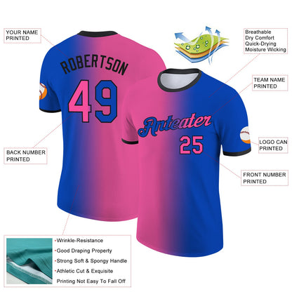 Custom Thunder Blue Pink-Black Gradient Fashion Performance T-Shirt
