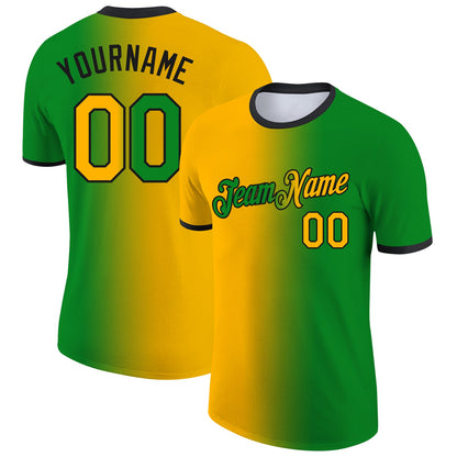 Custom Grass Green Gold-Black Gradient Fashion Performance T-Shirt
