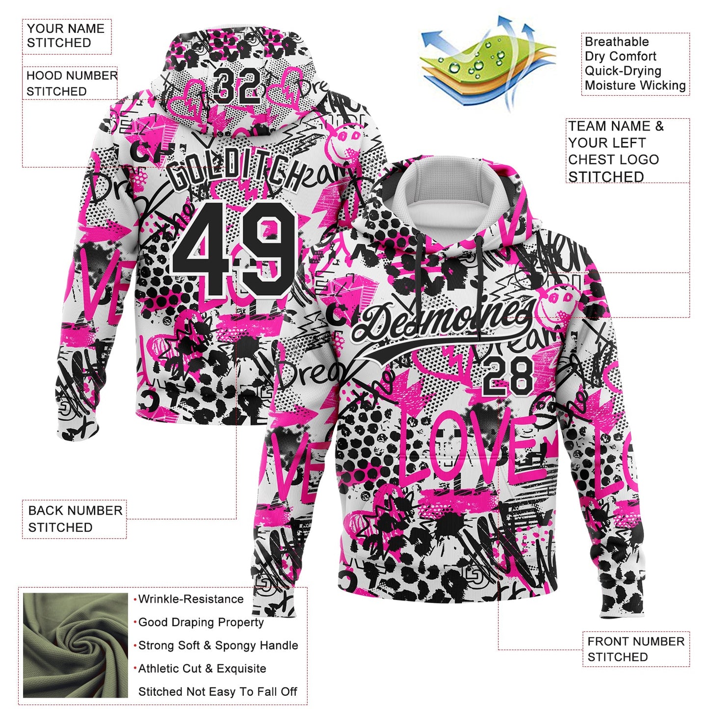 Custom Stitched Graffiti Pattern White-Black 3D Sports Pullover Sweatshirt Hoodie